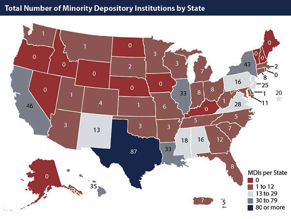 This map shows the geographic distribution of the number of credit unions throughout the country. MDIs are located in 37 states, the District of Columbia, Puerto Rico, and the U.S. Virgin Islands.  Texas, California, New York, Hawaii, Illinois, and Louisiana have the highest number of MDIs.  The star represents the District of Columbia.