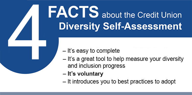 4 Facts about the Credit Union Diversity Self-Assessment. It's easy to complete. It's a great tool to help measure your diversity and inclusion progress. It's voluntary. It Introduces you to best practices to adopt.