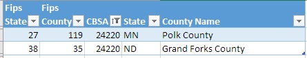 Screenshot from Excel spreadsheet displaying which counties are included in a particular CBSA.  This shows that Polk County, Minnesota and Grand Forks County, North Dakota are the counties in CBSA 24220.