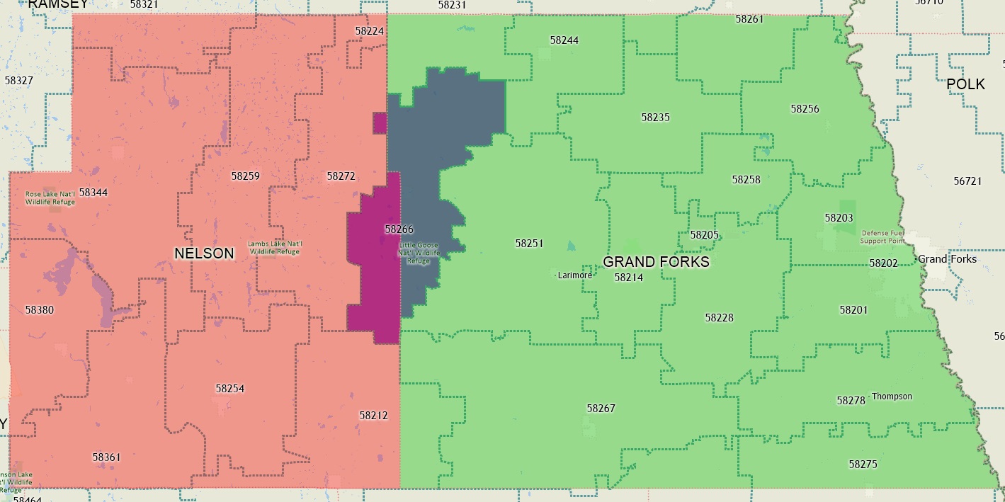 Map showing that zip code 58266 spans Grand Forks County and Nelson County. Residents with a zip code of 58266 residing in Nelson County would count towards the credit union’s low-income designation because Nelson County is not part of the 24220 CBSA code.  For those residents of Grand Fork County with a zip code of 58266, they would not qualify because Grand Forks is part of the 24220 CBSA Code.