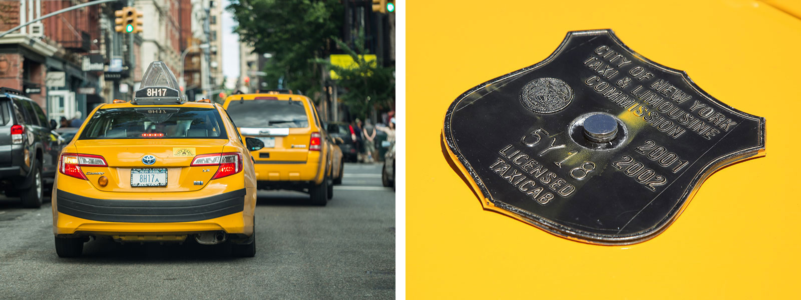 Left: Taxi cabs driving through the streets of New York City. Right: A New York City taxi medallion is pictured.