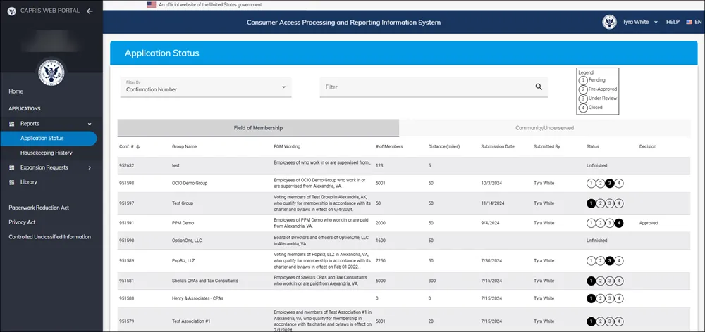 Figure 3: Application Status History Page
