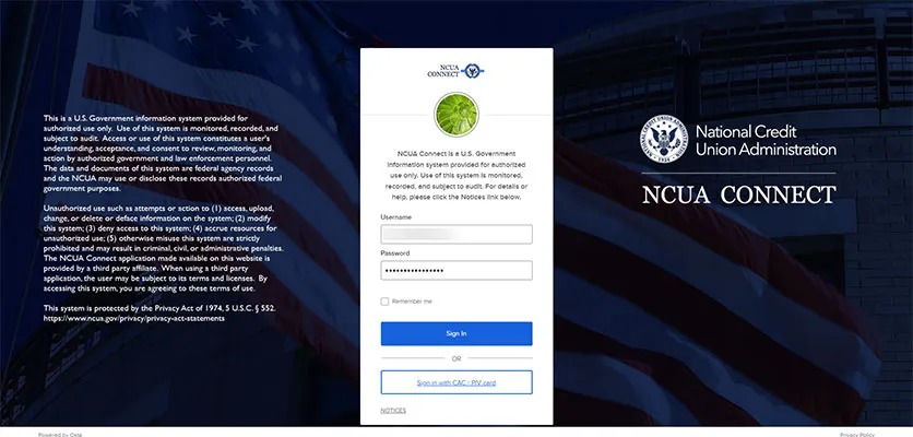NCUA Connect Login Page