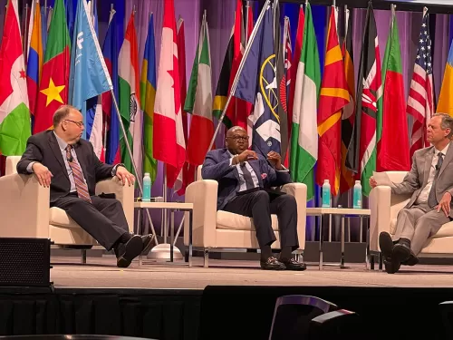 NCUA Board Member Rodney E. Hood (Center) participates in a panel discussion at the 2023 World Credit Union Conference in Vancouver, Canada.